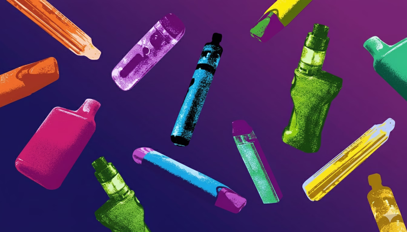 Pop-art illustration of assorted vape pens and disposable e-cigarettes on a purple background.