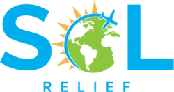 “Sol Relief logo featuring a sun, globe, and airplane design symbolizing global humanitarian aid.”