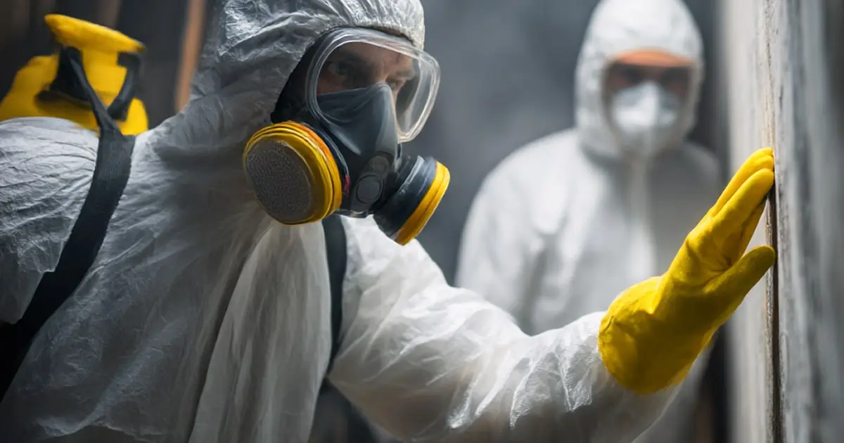 Workers in hazmat suits inspecting toxic mold contamination