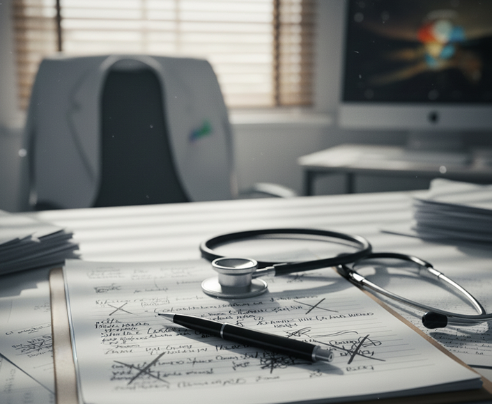 Stethoscope and medical notes on a doctor’s desk, symbolizing medical errors and accountability in malpractice cases.