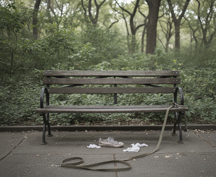 Empty park bench with a dog leash and shoe on the ground, symbolizing the aftermath of a dog bite incident.”