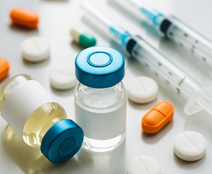 Close-up of prescription drug vials, tablets, capsules, and syringes on a white medical surface, representing dangerous or defective medications.
