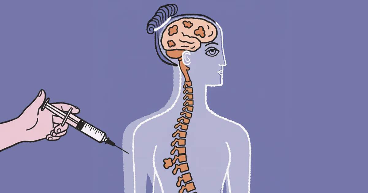 Illustration of a syringe near a person’s upper back with the brain and spine highlighted.