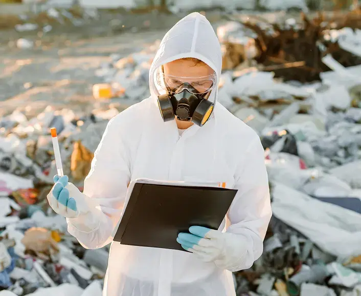 Scientist in protective gear and respirator recording data while testing hazardous waste contamination at a polluted site.