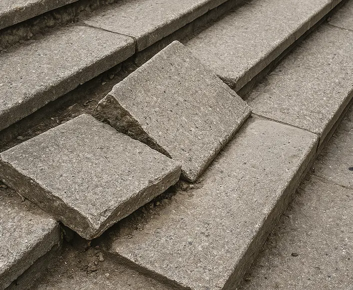 Broken and uneven concrete steps posing a tripping hazard in a public area.