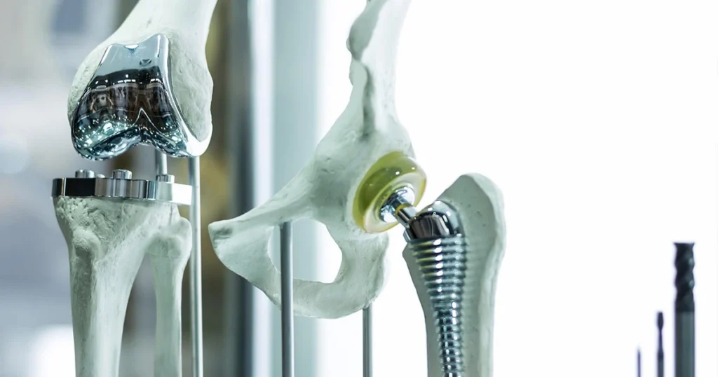 Medical display showing models of a knee replacement implant and a hip replacement implant.