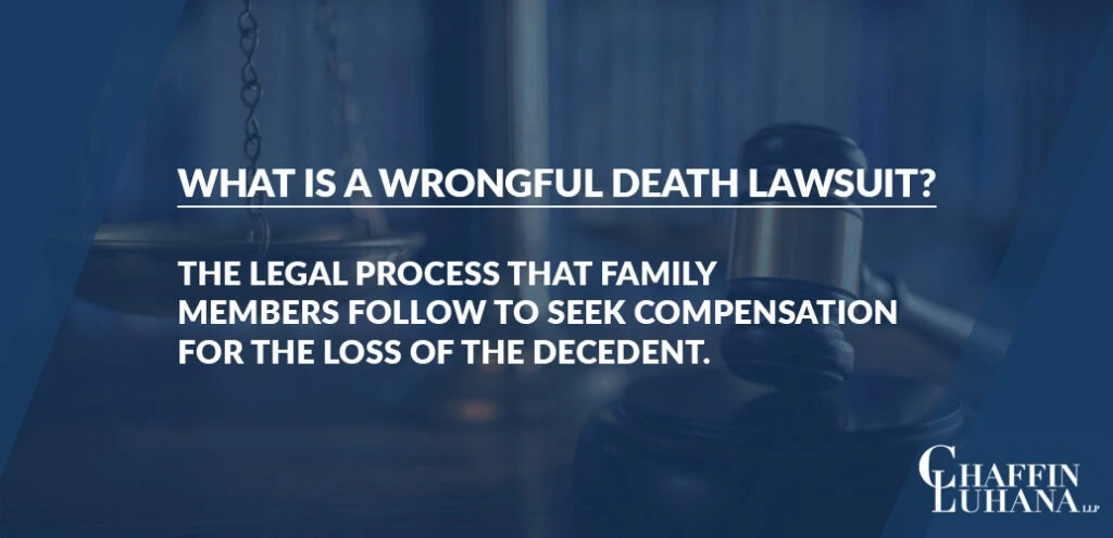 Definition of a wrongful death lawsuit shown on an informational graphic with a gavel and scales of justice