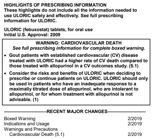 Uloric (febuxostat) prescribing information showing FDA black box warning about increased risk of cardiovascular death compared to allopurinol.